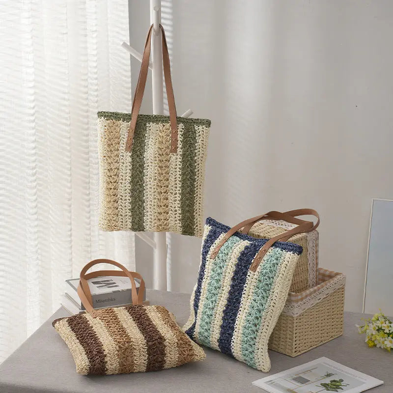 Fashionable Woven Stripe Straw Bag - Angel Wishes