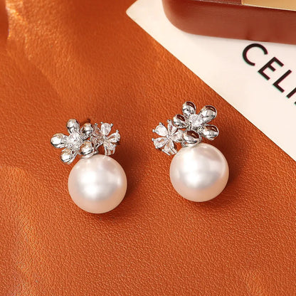 Flower Inlaid Zirconium Pearl Stud Earrings Fashion Exquisite And Versatile Angel Wishes