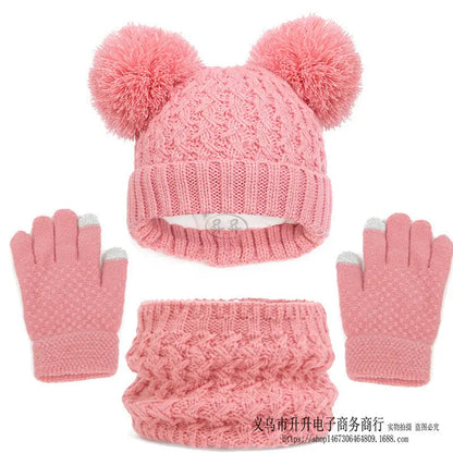 Children's Autumn And Winter Fleece-lined Thickened Double Ball Hat Scarf Gloves Three-piece Set Angel Wishes