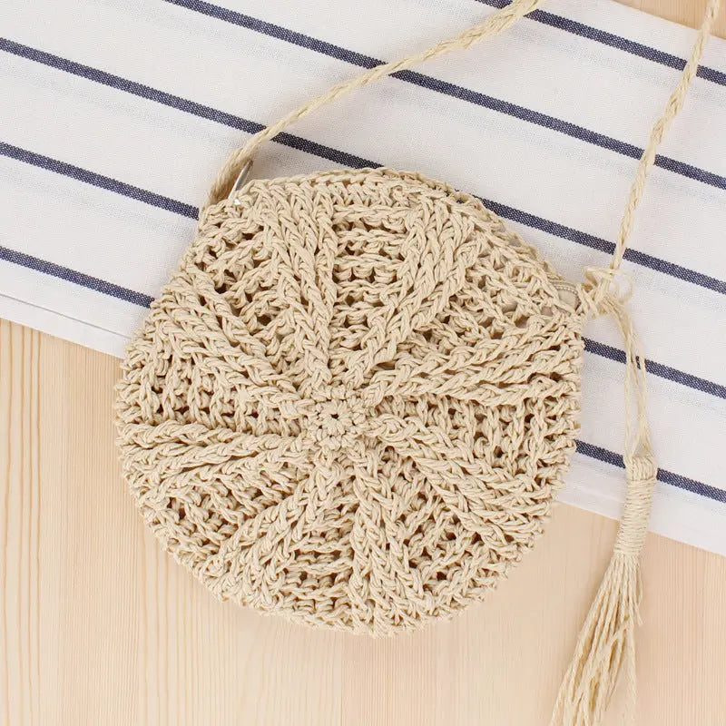 Simple round tassel women's crossbody straw woven bag Angel Wishes