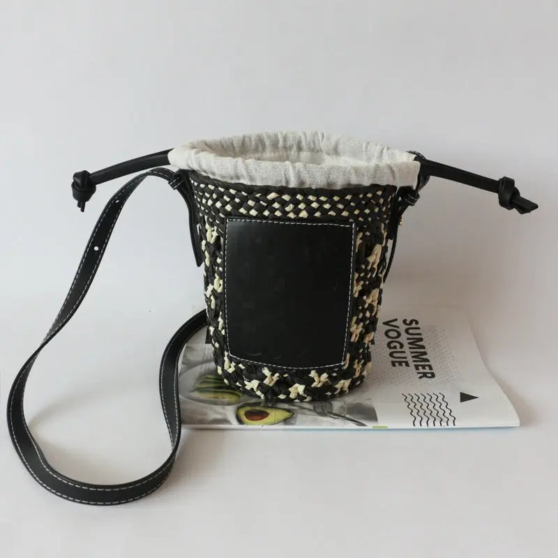 New French Women's Rhombus Bucket Straw Woven Shoulder Bag Angel Wishes