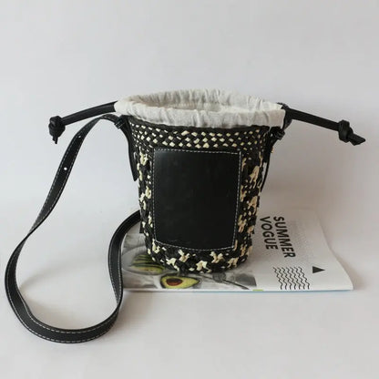 New French Women's Rhombus Bucket Straw Woven Shoulder Bag Angel Wishes