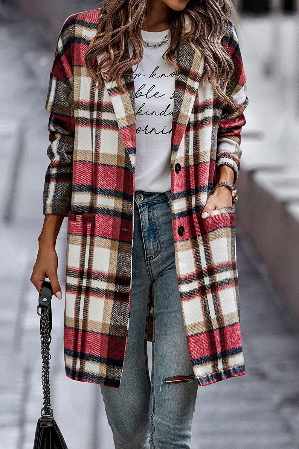 Fashion Wool Plaid Long Jacket Angel Wishes