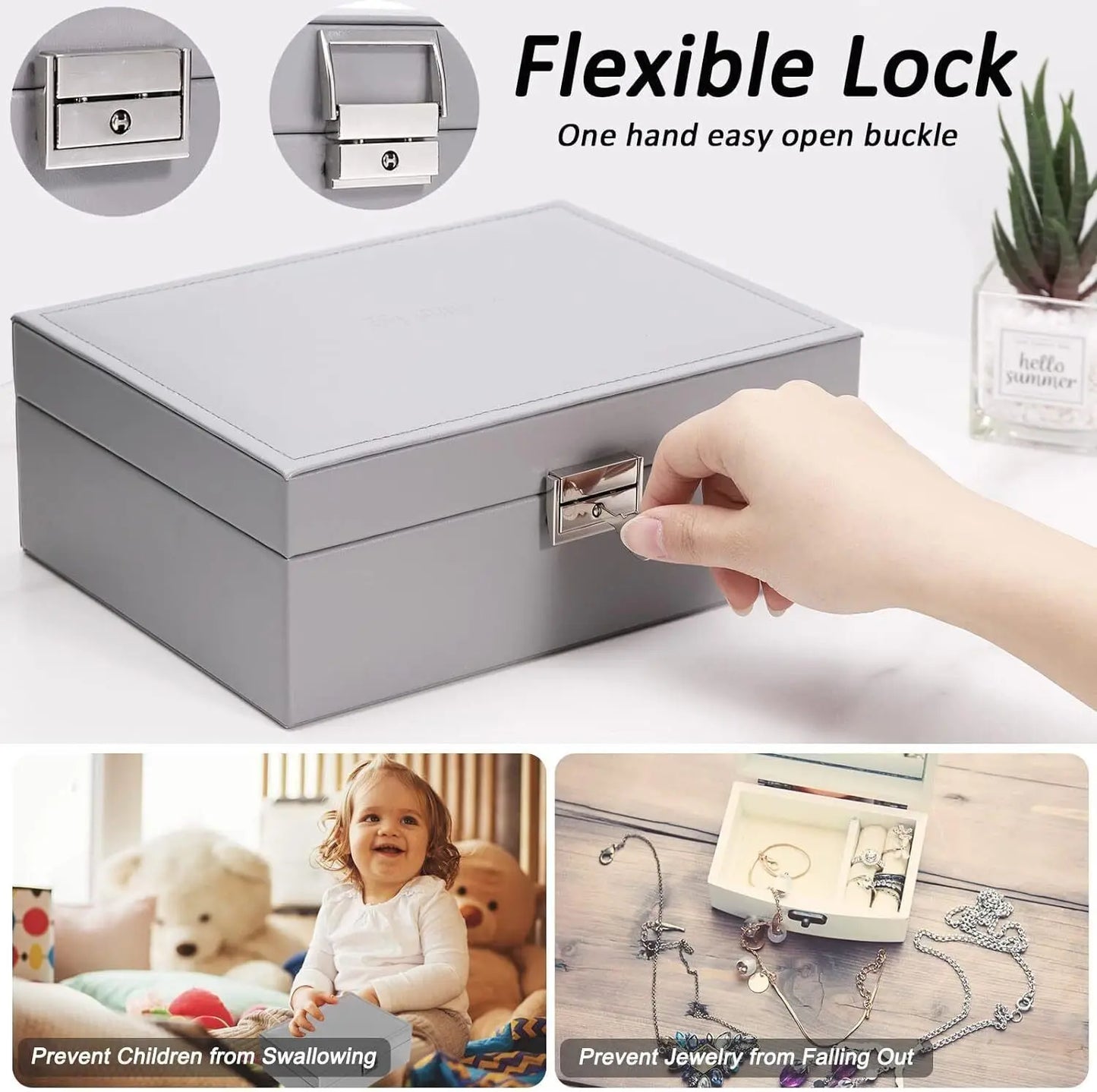 2 Layer Grey Jewellery Box Organizer Rings Necklaces Jewellry Storage Case Box Angel Wishes