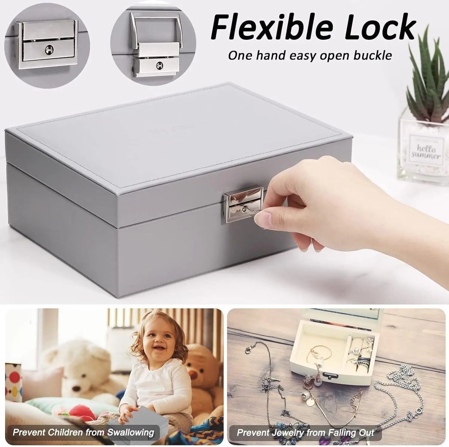 2 Layer Grey Jewellery Box Organizer Rings Necklaces Jewellry Storage Case Box Angel Wishes