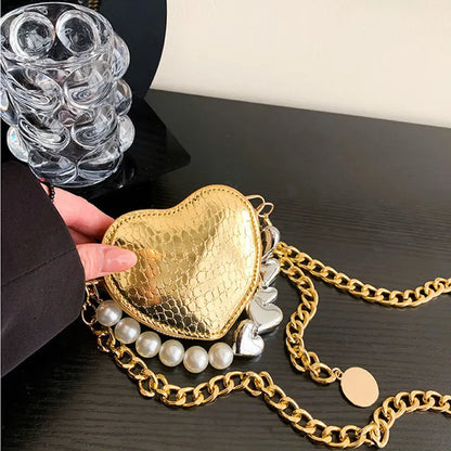 Mini Love-shape Pearls Handbag Fashion Cute Chain Lipstick Bag Women's Bright Candy Color Shoulder Messenger Bag Angel Wishes