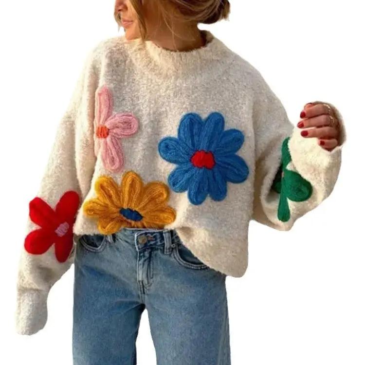 Coloured Flowers Embroidery Pullover Sweater Angel Wishes
