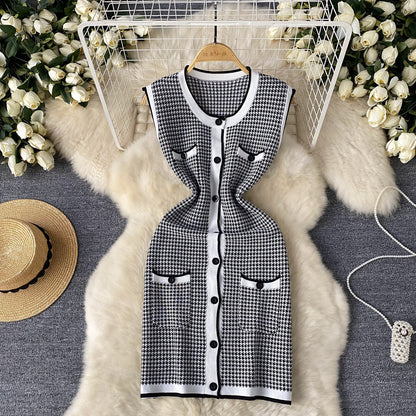 Light Luxury Gold Style Sleeveless Plaid Knitted Dress Angel Wishes