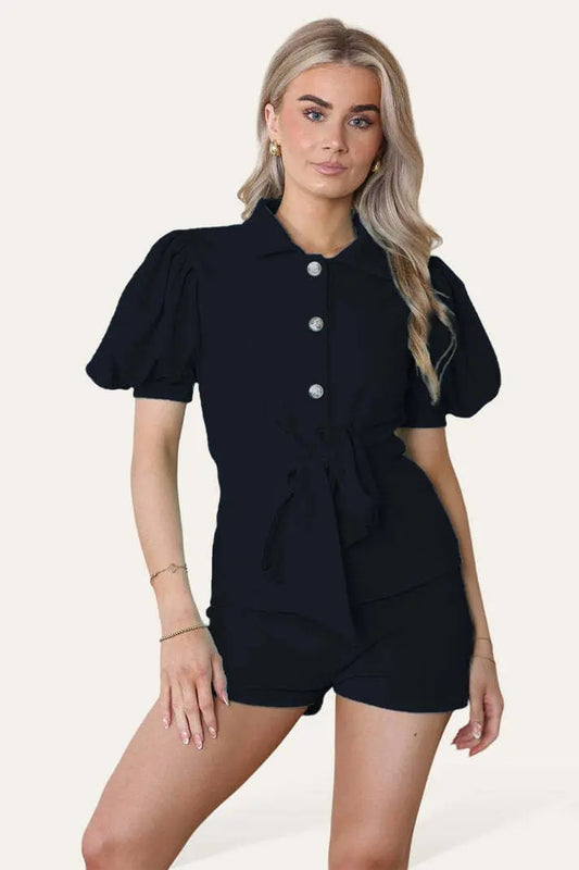 Tie Belt Button Shorts Set Angel Wishes