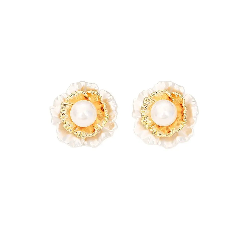 High-grade Pleated Flower Pearl Stud Earrings Fashionable Elegant Light Luxury Angel Wishes