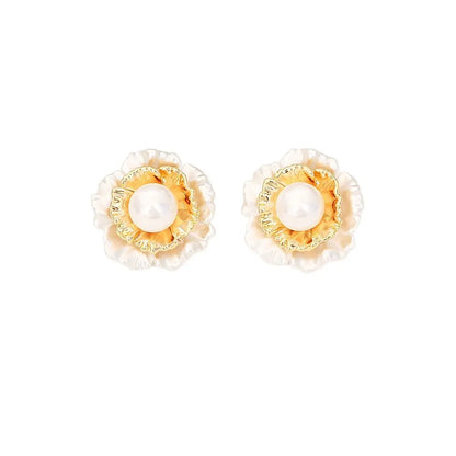 High-grade Pleated Flower Pearl Stud Earrings Fashionable Elegant Light Luxury Angel Wishes