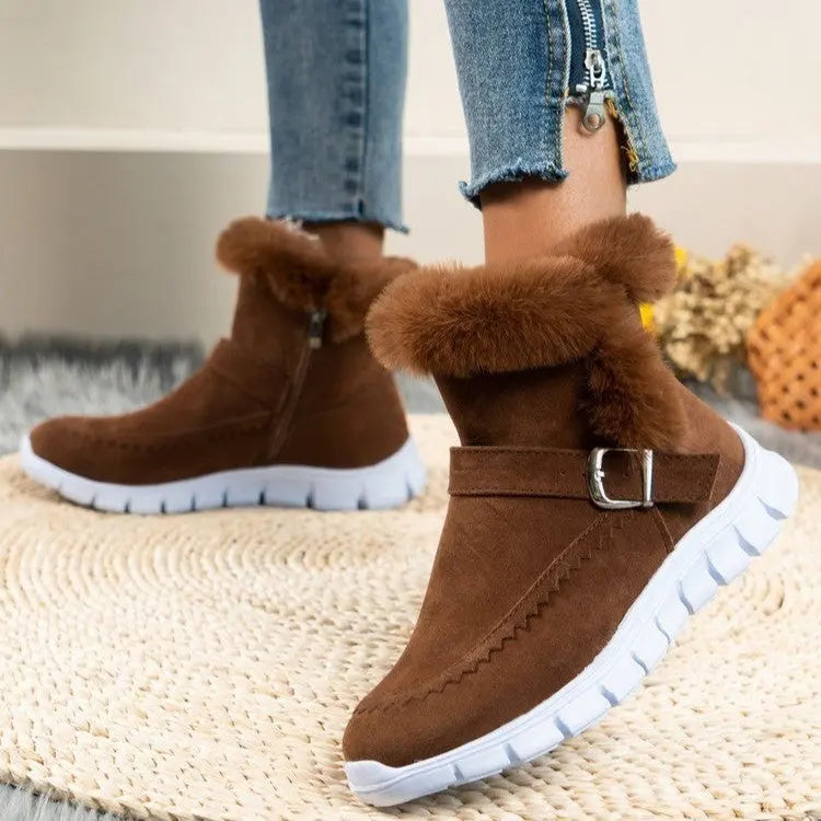 New Snow Boots Winter Warm Thickened Solid Color Plush Ankle Boots With Buckle Design Plus Velvet Flat Shoes For Women Angel Wishes