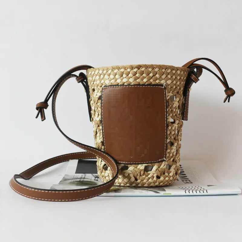 New French Women's Rhombus Bucket Straw Woven Shoulder Bag Angel Wishes