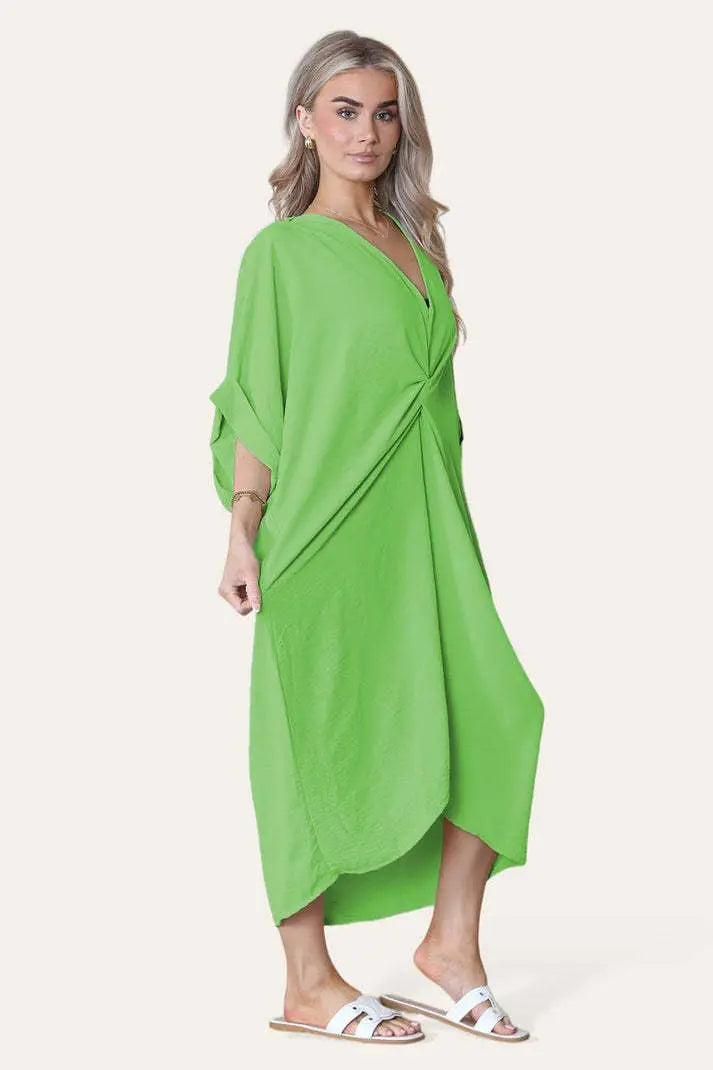 Womens V-Neck Tie Knotted Twisted Front Oversized Longline Midi Dress Angel Wishes