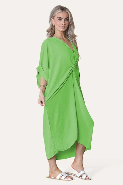 Womens V-Neck Tie Knotted Twisted Front Oversized Longline Midi Dress Angel Wishes
