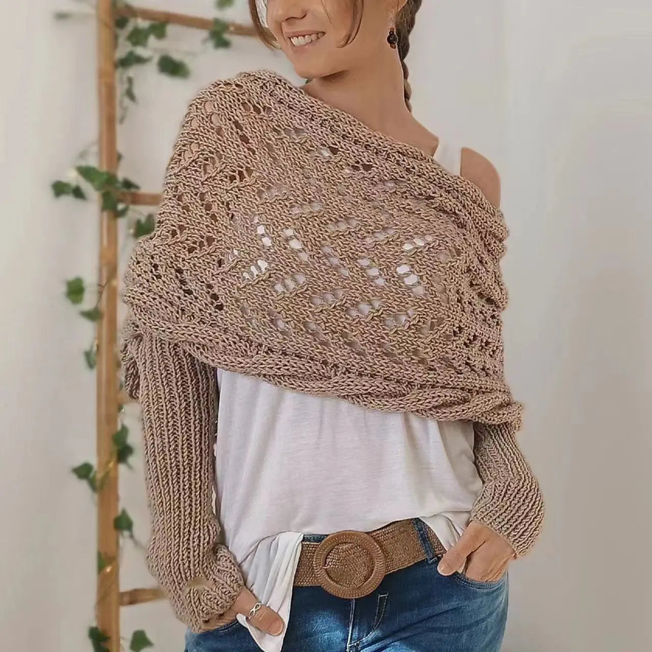 Autumn And Winter Warm Knitted Shawl Women's Hollowed-out Double Sleeve Shawl Collar Fashion Natural For Home And Party Angel Wishes