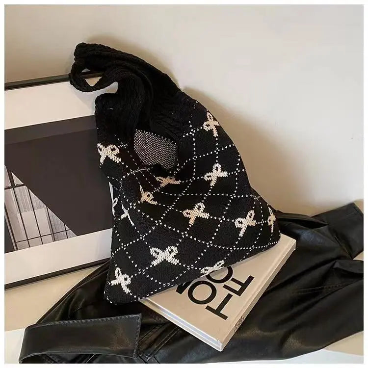 Bow High Sense Light Luxury Minority Shoulder Bag Casual Knitted Woven Bag Angel Wishes