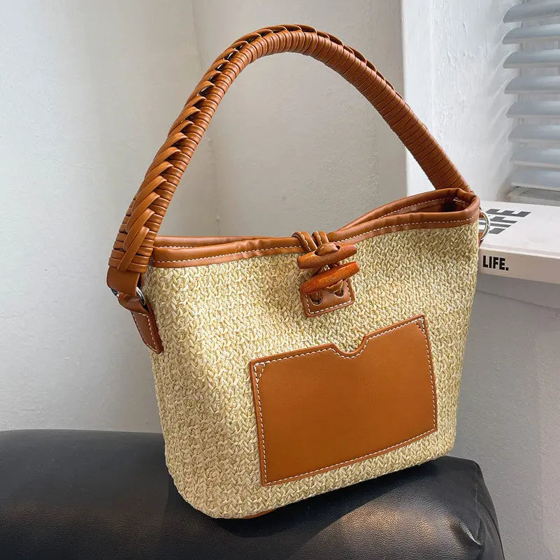 Versatile One-shoulder Bucket Woven Straw Bag Angel Wishes