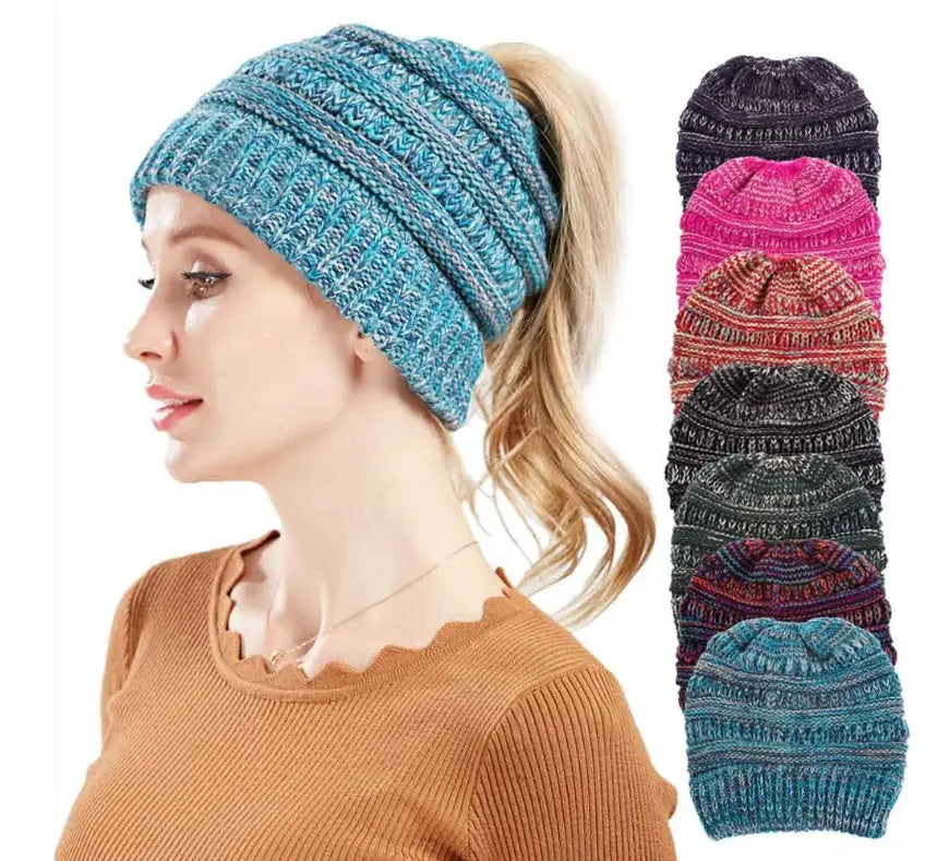 Mixed Color Knitted Wool Hat Ladies Non-labeled Ponytail Hat Angel Wishes