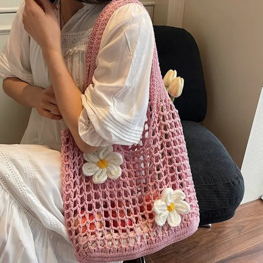 Knitted Handbag Woven Mesh Hollow Out Flower Large Capacity Versatile Shoulder Bag Angel Wishes