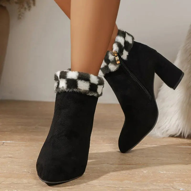 New Plaid Print Plush Ankle Boots Winter Fashoin Square Heel Suede Boots Women Casual Versatile Shoes Autumn And Winter Angel Wishes