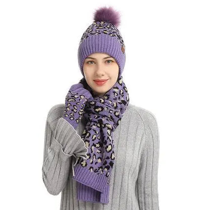 Winter Leopard Print Warm Knitted Wool Hat Scarf Gloves Three Piece Set Angel Wishes