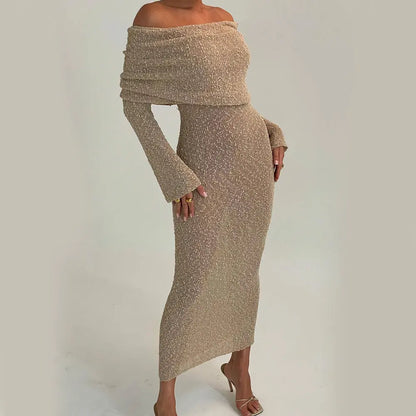 New One-shoulder Knitted Long-sleeved Dress Sexy Beach Holiday Long Dresses Womens Clothing Angel Wishes