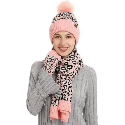 Winter Leopard Print Warm Knitted Wool Hat Scarf Gloves Three Piece Set Angel Wishes