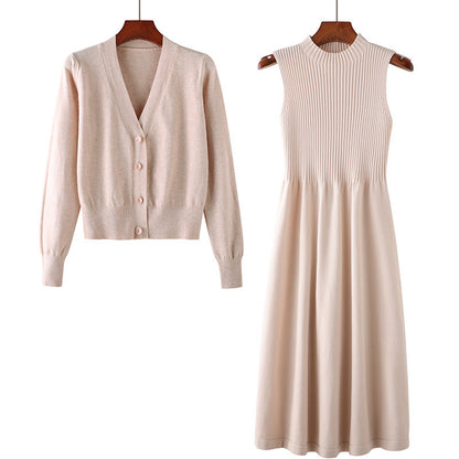 Mid-length Knitted Dress Suit Cardigan Woolen Dress Two-piece Set Angel Wishes