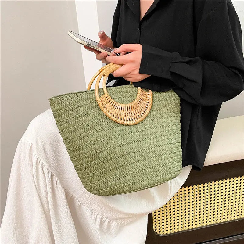 Seaside Ins Style Straw Bag Large Capacity Round Portable Angel Wishes