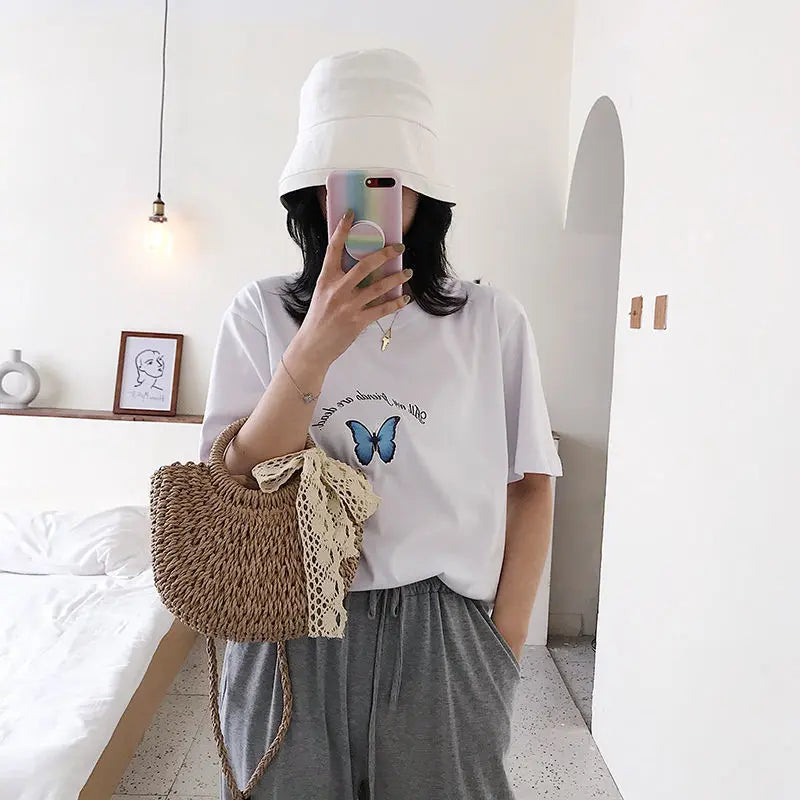 Small bag female new wild net red woven bag western style lace ribbon straw bag handbag summer Angel Wishes