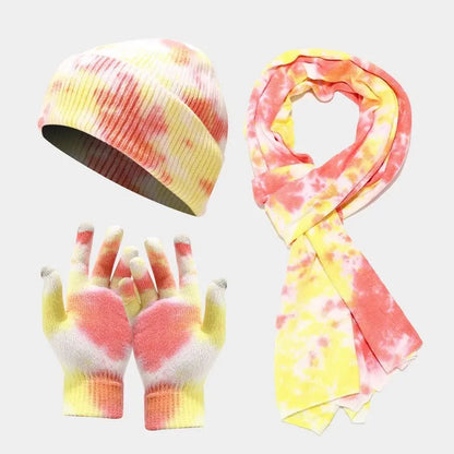 Tie-dye Knitted Hat Gloves Scarf Set Ladies Angel Wishes