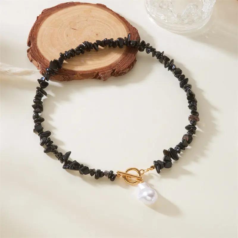 Fashion Black Natural Gravel Hand-knit Necklace Women Angel Wishes