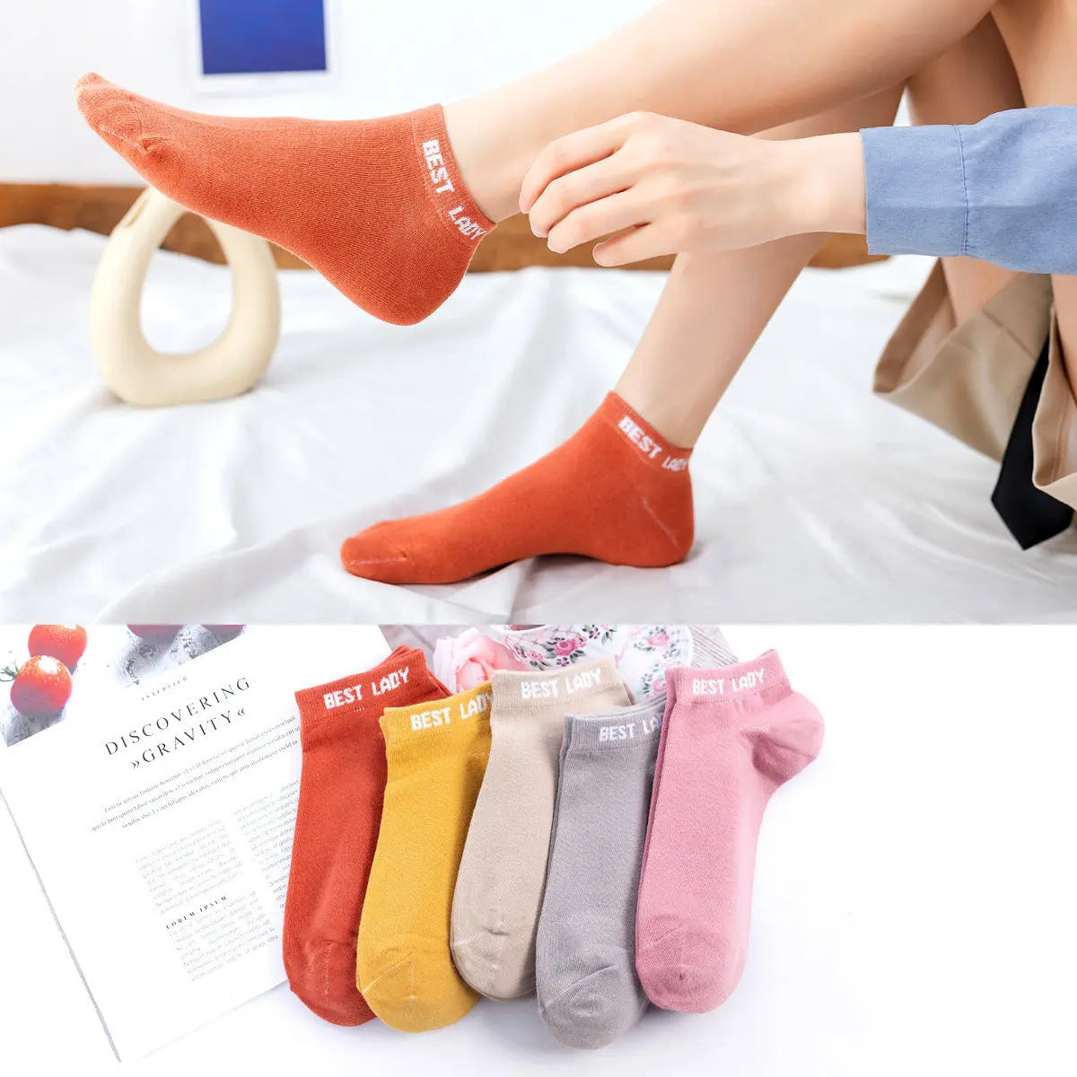 Women's Double Needle Solid Color Cotton Short Ankle Socks Angel Wishes