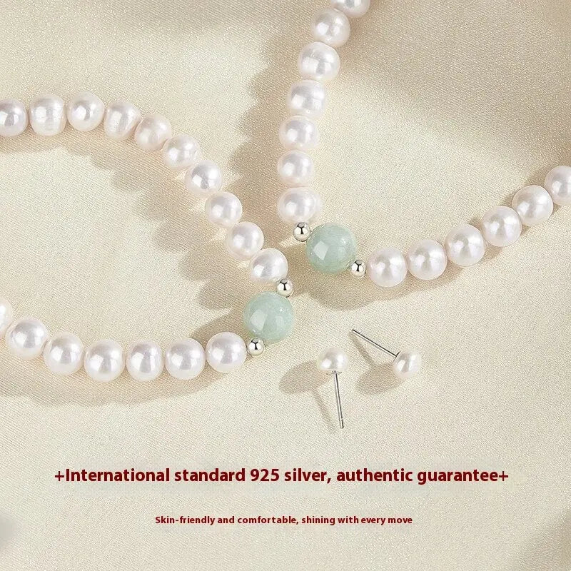 Natural Freshwater Pearl Necklace Suit Green Jade Angel Wishes