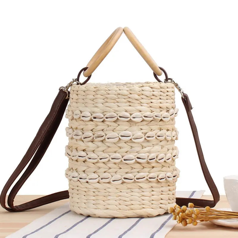 Women's Fashion Casual Natural Shell Bucket Woven Bag Angel Wishes