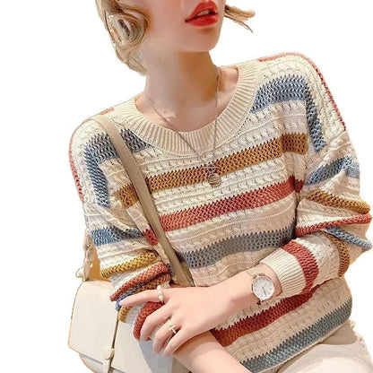 Loose Short Hollow Color Striped Sweater Angel Wishes