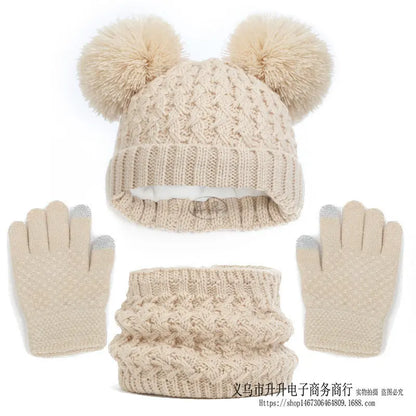 Children's Autumn And Winter Fleece-lined Thickened Double Ball Hat Scarf Gloves Three-piece Set Angel Wishes