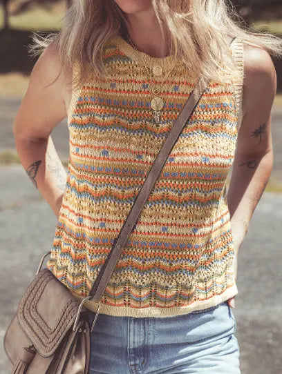 Brown Stripe Eyelet Crochet Round Neck Sweater Vest Angel Wishes