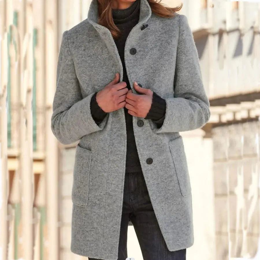 Fashion Stand Collar Woolen Coat With Pockets Fall Winter Casual Button Outwear For Women Clothing Angel Wishes