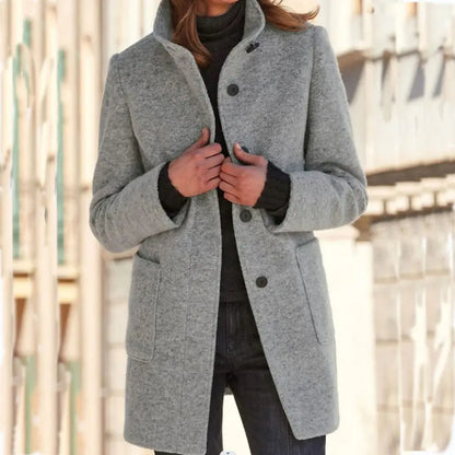 Fashion Stand Collar Woolen Coat With Pockets Fall Winter Casual Button Outwear For Women Clothing Angel Wishes