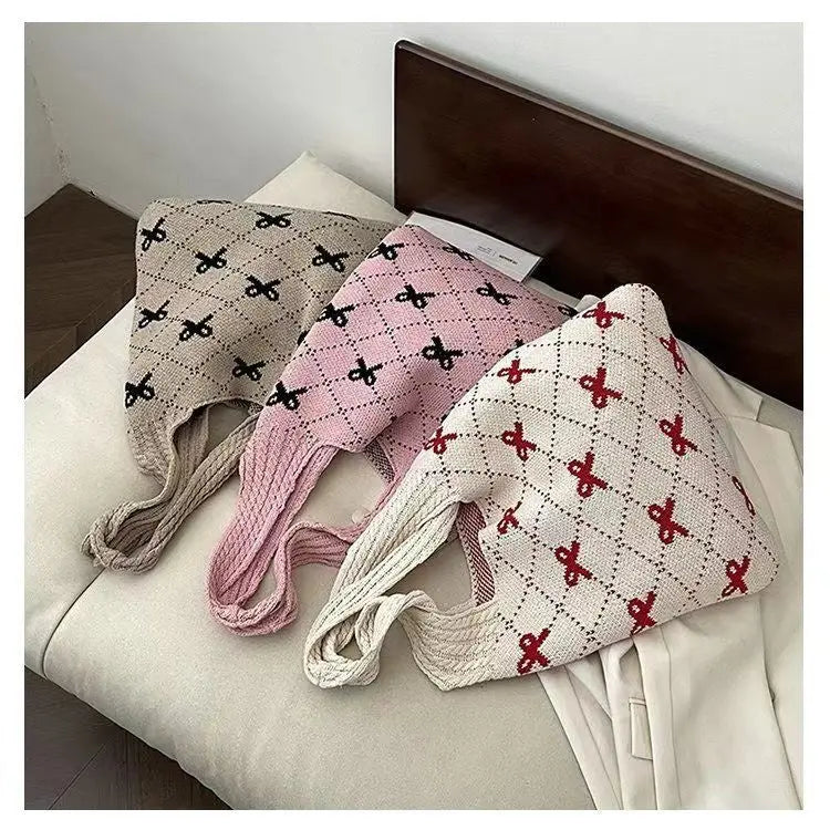 Bow High Sense Light Luxury Minority Shoulder Bag Casual Knitted Woven Bag Angel Wishes