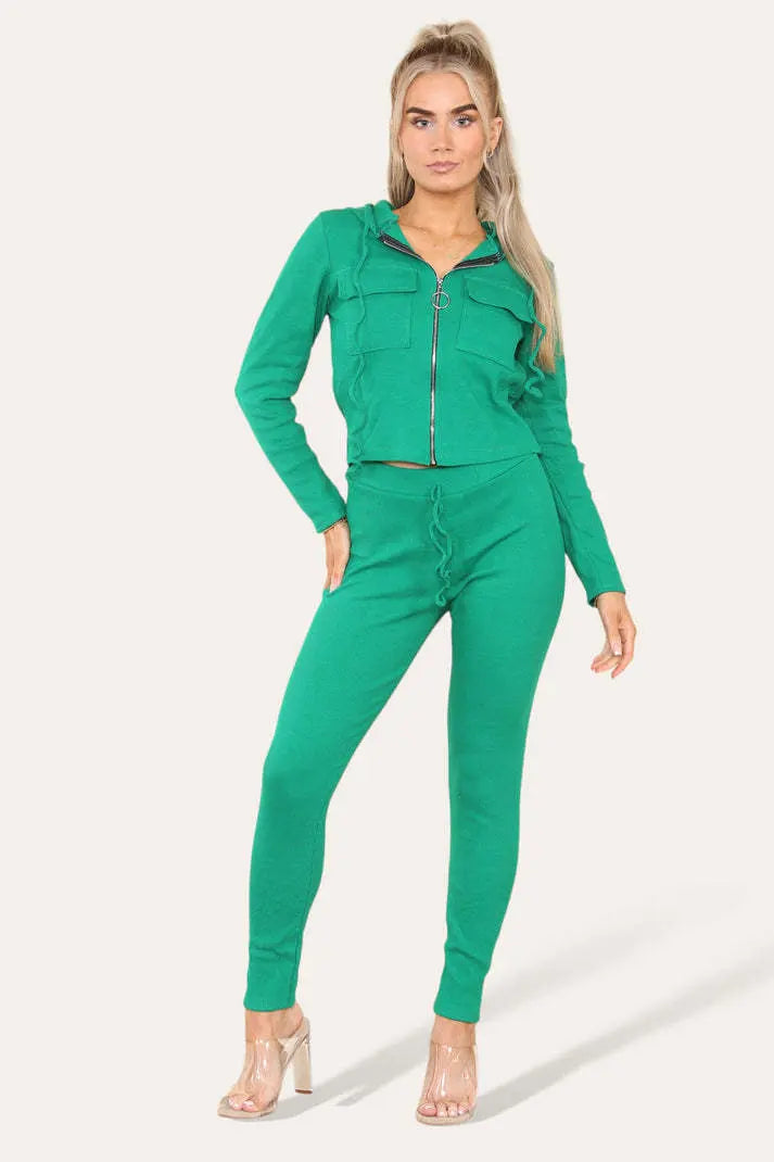 Front Pocket Zip Suit Ribbed Hooded Lounge Wear Set Angel Wishes