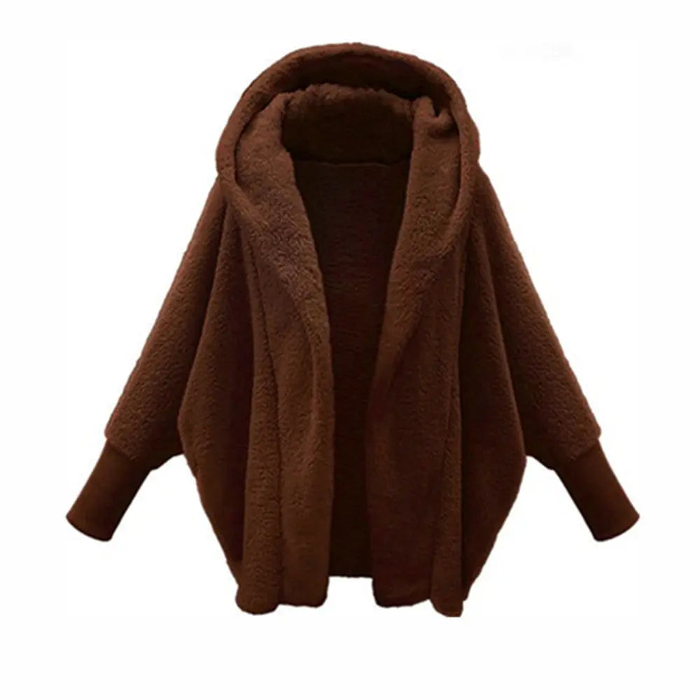 European And American Women's Clothing Solid Color Long Sleeve Hooded Loose Plush Coat Angel Wishes