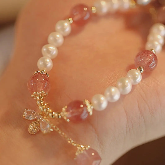 Crystal Strawberry Quartz Stringed Pearls Bracelet Angel Wishes