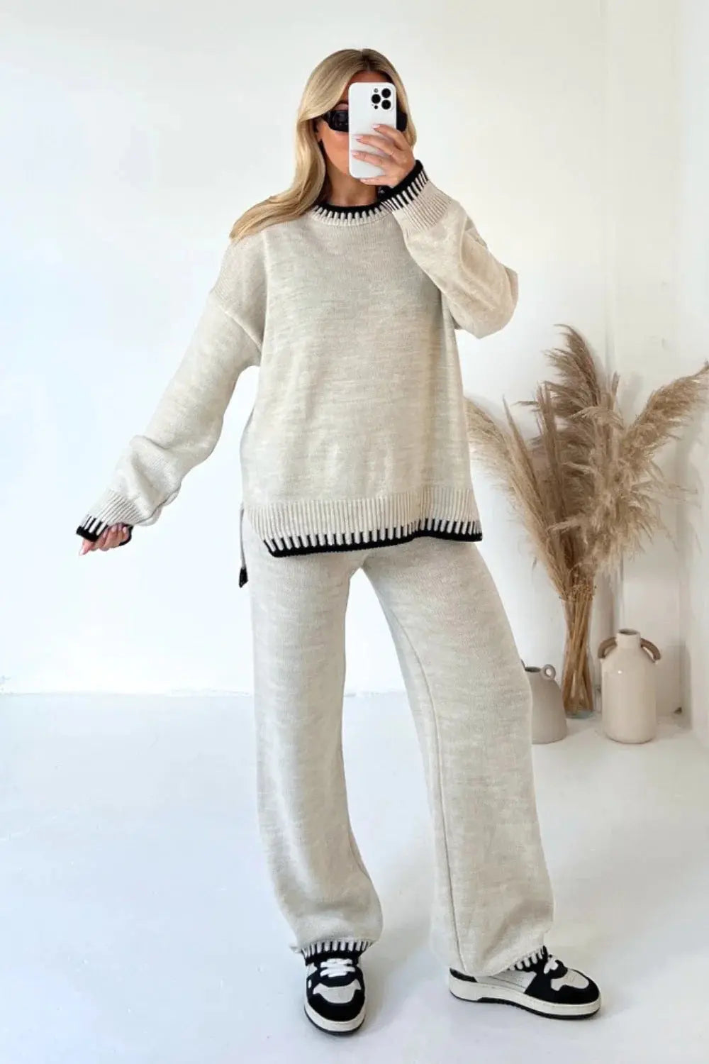 Women's Suit Fashion Pullover Split Long-sleeved Top And Loose Straight Pants Solid Color Two-piece Set Angel Wishes