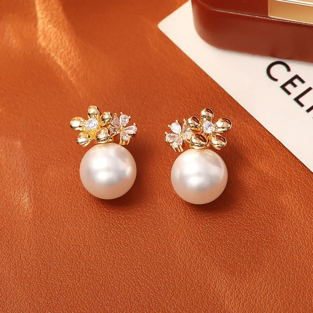 Flower Inlaid Zirconium Pearl Stud Earrings Fashion Exquisite And Versatile Angel Wishes