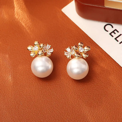 Flower Inlaid Zirconium Pearl Stud Earrings Fashion Exquisite And Versatile Angel Wishes
