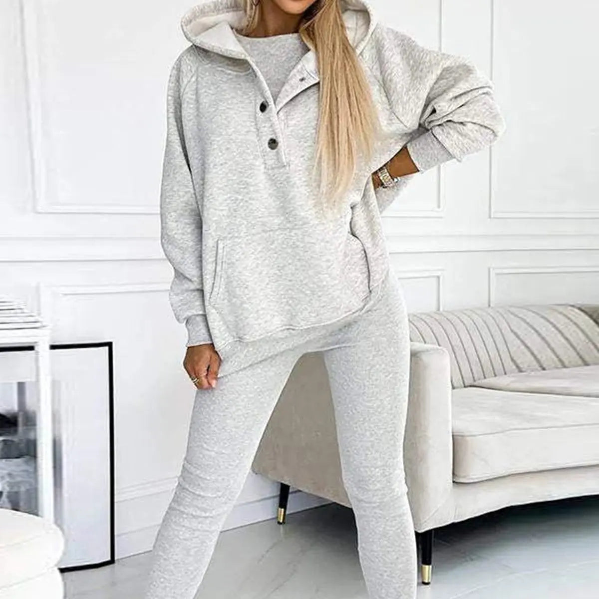 3pcs Women's Sports Suit Loose Hooded Pockets Sweatshirt And Vest And Slim Trousers Angel Wishes