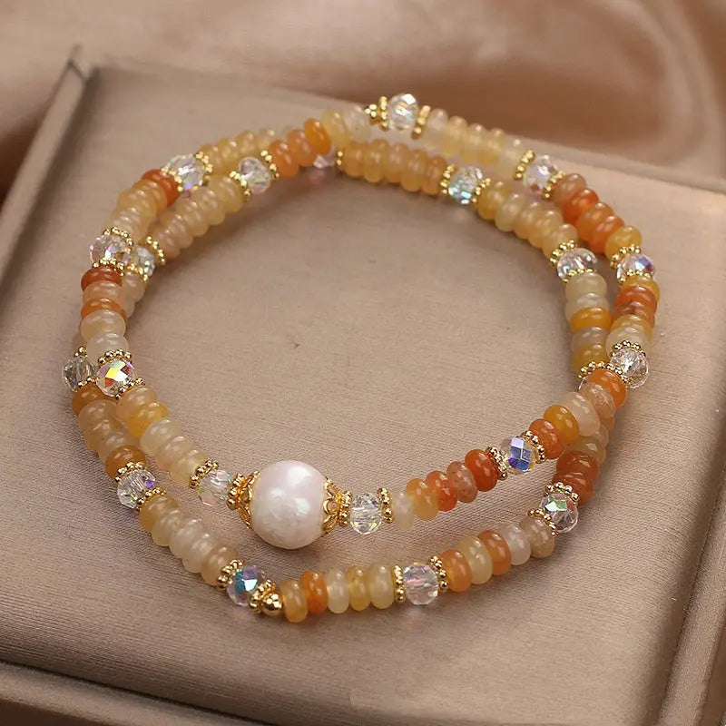 National Style Opal Stringed Pearls Double Ring Bracelet Angel Wishes